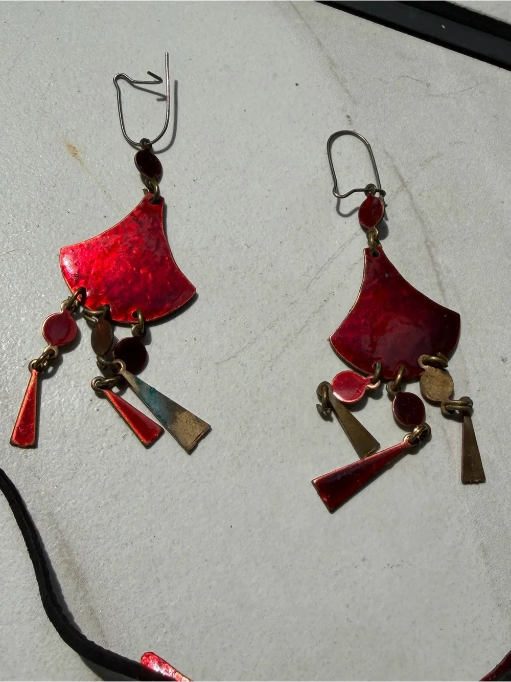Red Enamel Dangle Necklace and Earring Set